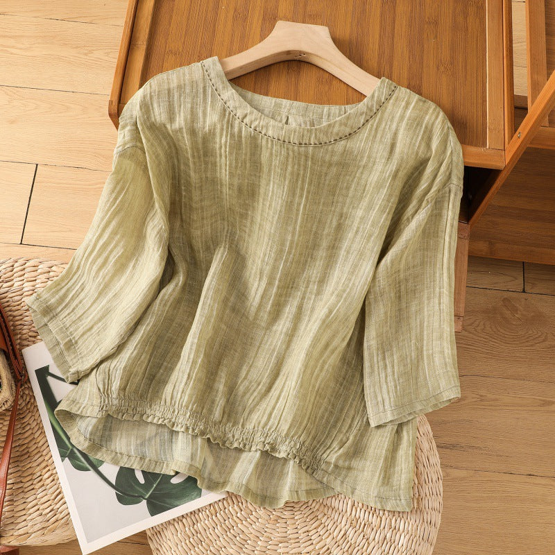 Real shot 2024 summer new cotton and linen literary and retro Chinese style loose short-sleeved top T-shirt women #6755