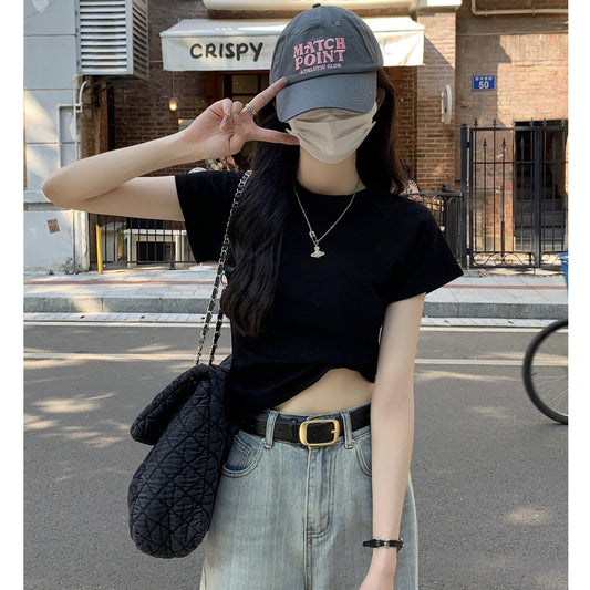 [Selection of Cotton] Pure Cotton High Waist Short T-Shirt Women's Summer 2026 New Crew Neck Shoulder Top Short Sleeve Bottom Shirt