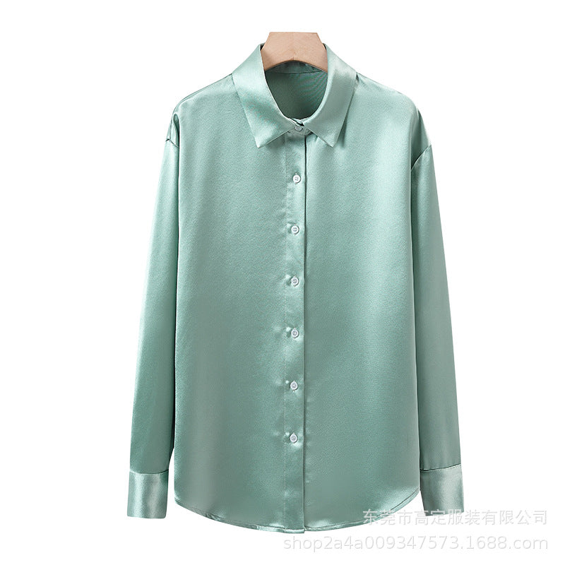 Haute couture imported acetic acid satin shirt women's long sleeves 2025 new loose simple temperament celebrity high-end cardigan autumn