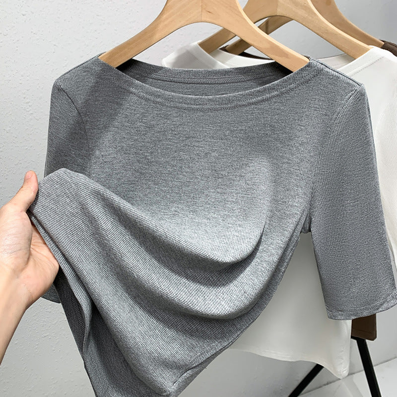 Medium-sleeved t-shirt women's 2025 new women's clothing solid-color threaded half-sleeved t-shirt temperament one-word shoulder elastic waist top