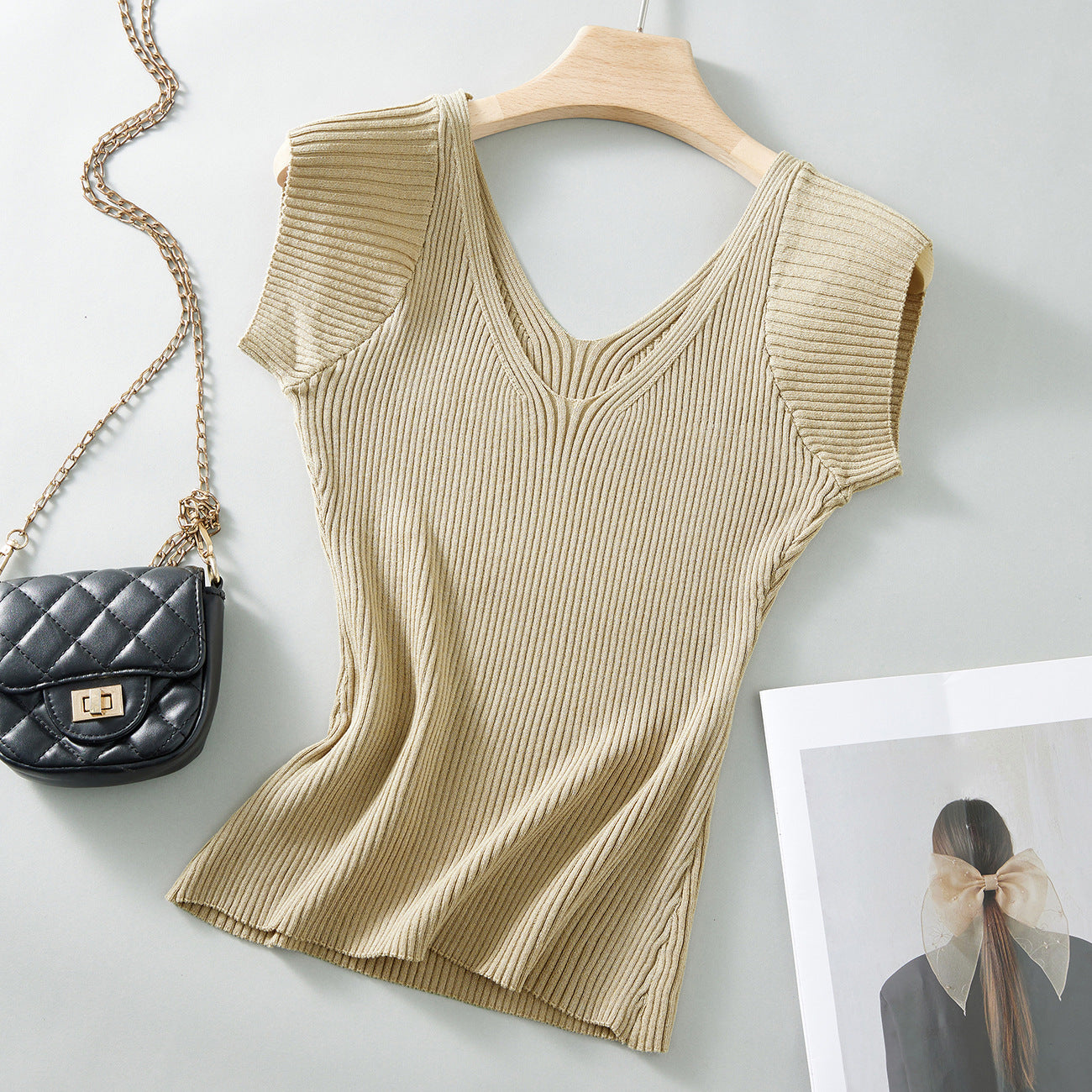 #Two wear V-neck #show chest big waist thin small spice girl flying sleeve ice silk short sleeve women's summer pit strip knitted T-shirt pure desire top