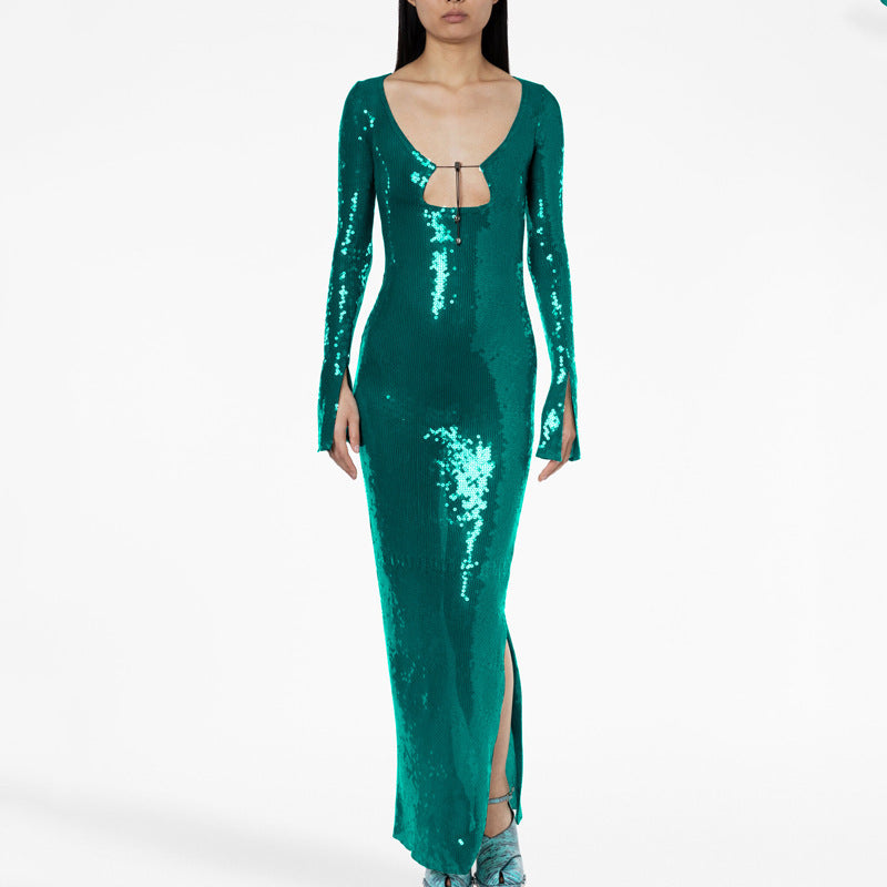 New Amazon Europe and the United States sexy sequin flared sleeve skirt women's U-neck women's clothing hem split dress long