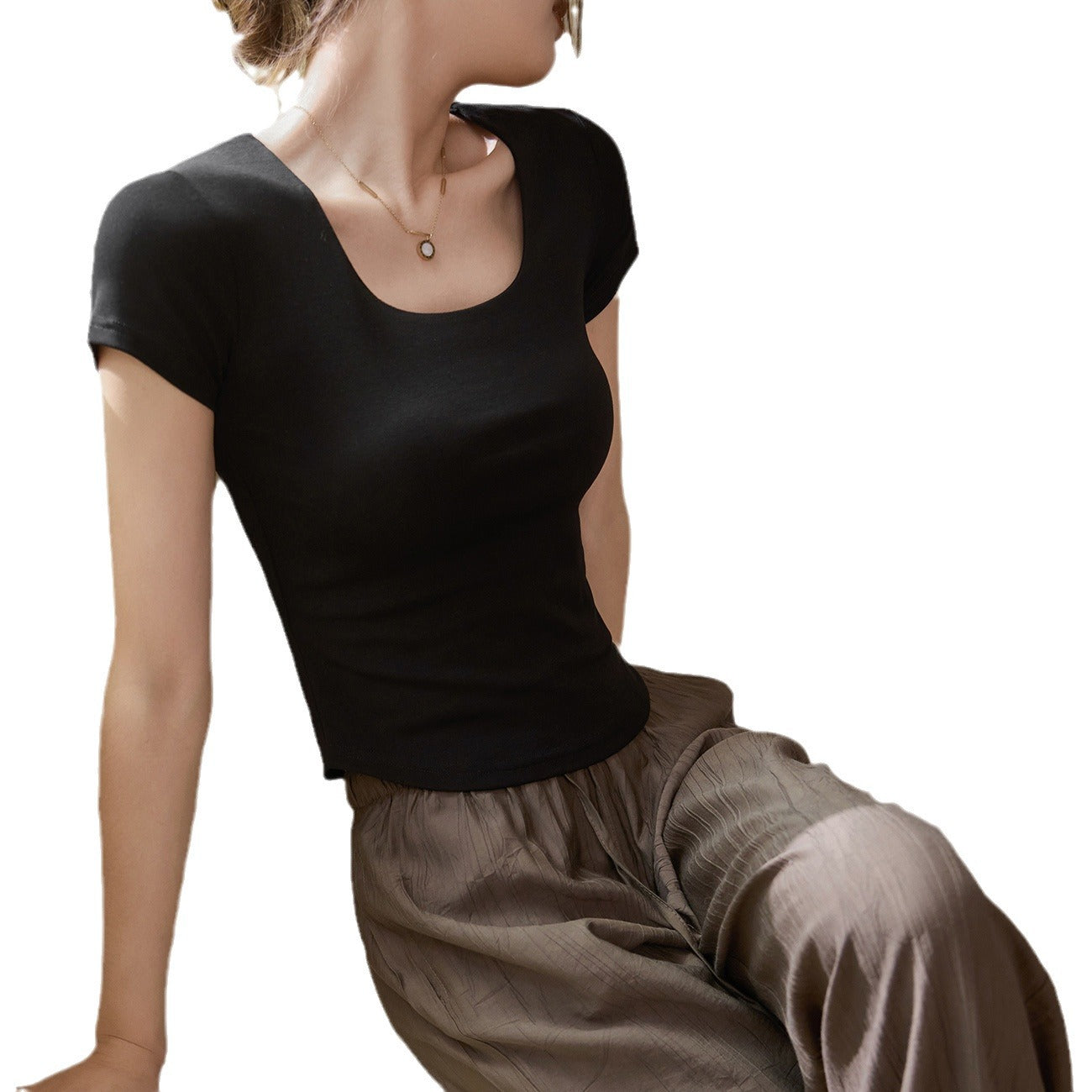 #Quality to make high-quality #Double-layer chest-showing pure cotton T-shirt women's short-sleeved U-neck 2026 summer new curved high-waisted short top