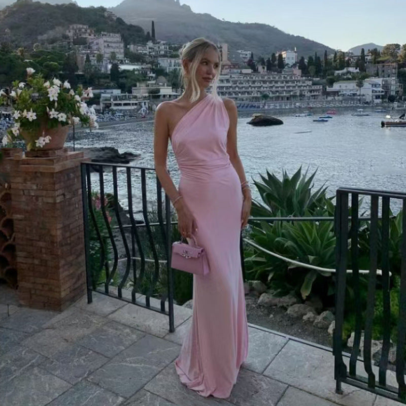 New cross-border sexy pink slanted shoulder back strap French dress long dress slim fishtail seaside dress