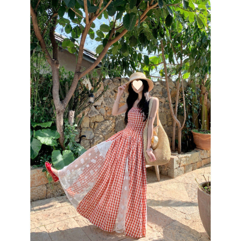 French holiday plaid lace splicing heavy industry tube top dress summer temperament waist thin high-end mid-length dress
