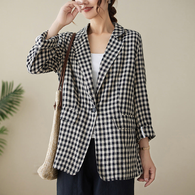 Real shot 2025 autumn literary and retro cotton and linen plaid jacket women's thin casual suit short top