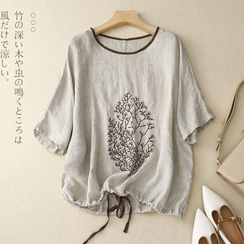 Real shot 2025 summer new literary loose embroidery flower cotton and linen round neck short-sleeved T-shirt women's drawstring top #9380