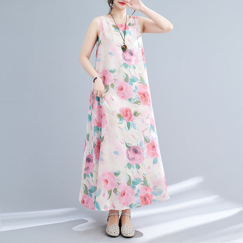 Real shot 2023 summer new literary loose cotton and linen printing round neck sleeveless dress women's medium and long 8602 #