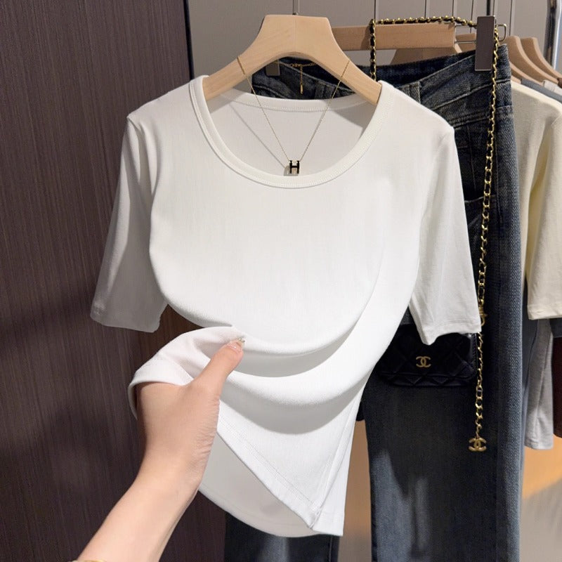 White medium-sleeved t-shirt women's knitted sweater spring and autumn summer basic V-neck bottoming shirt with five-quarter-sleeved top and t-shirt