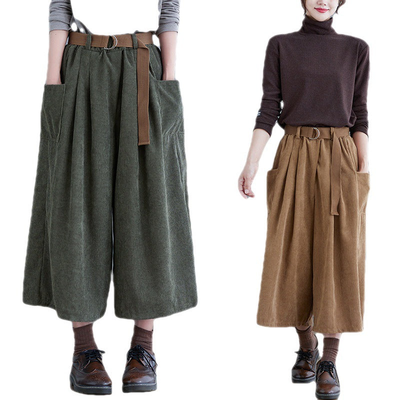Real shot 2025 spring new corduroy culottes elastic waist belt loose and thin seven-point wide-leg pants women