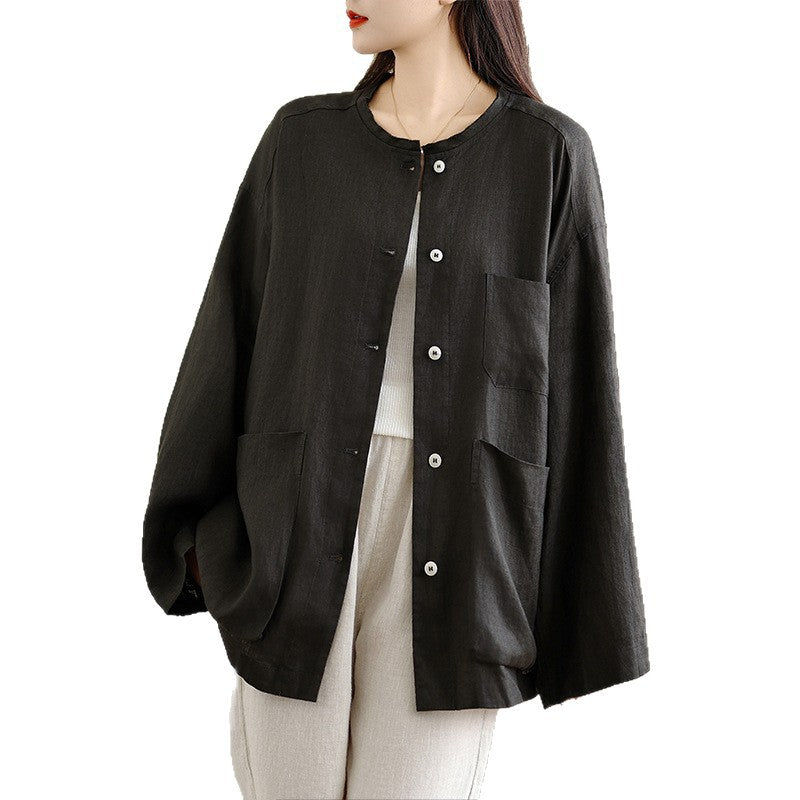 Real shot 2025 autumn new cotton and linen literary loose tooling round neck simple casual top jacket women