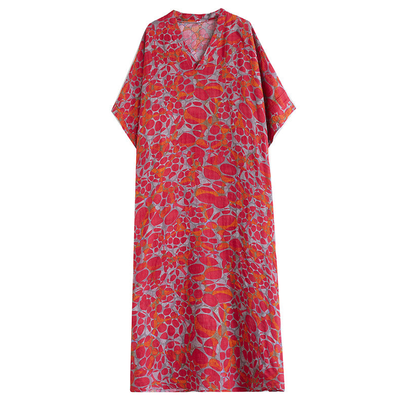 Real shot 2023 summer thin cotton and linen v-neck large size loose literary beach dress retro long robe