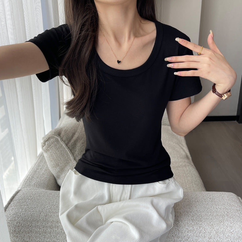 White U-neck short-sleeved t-shirt women's top fashionable foreign style big collar thread 2025 Internet celebrity bottoming shirt versatile and exquisite