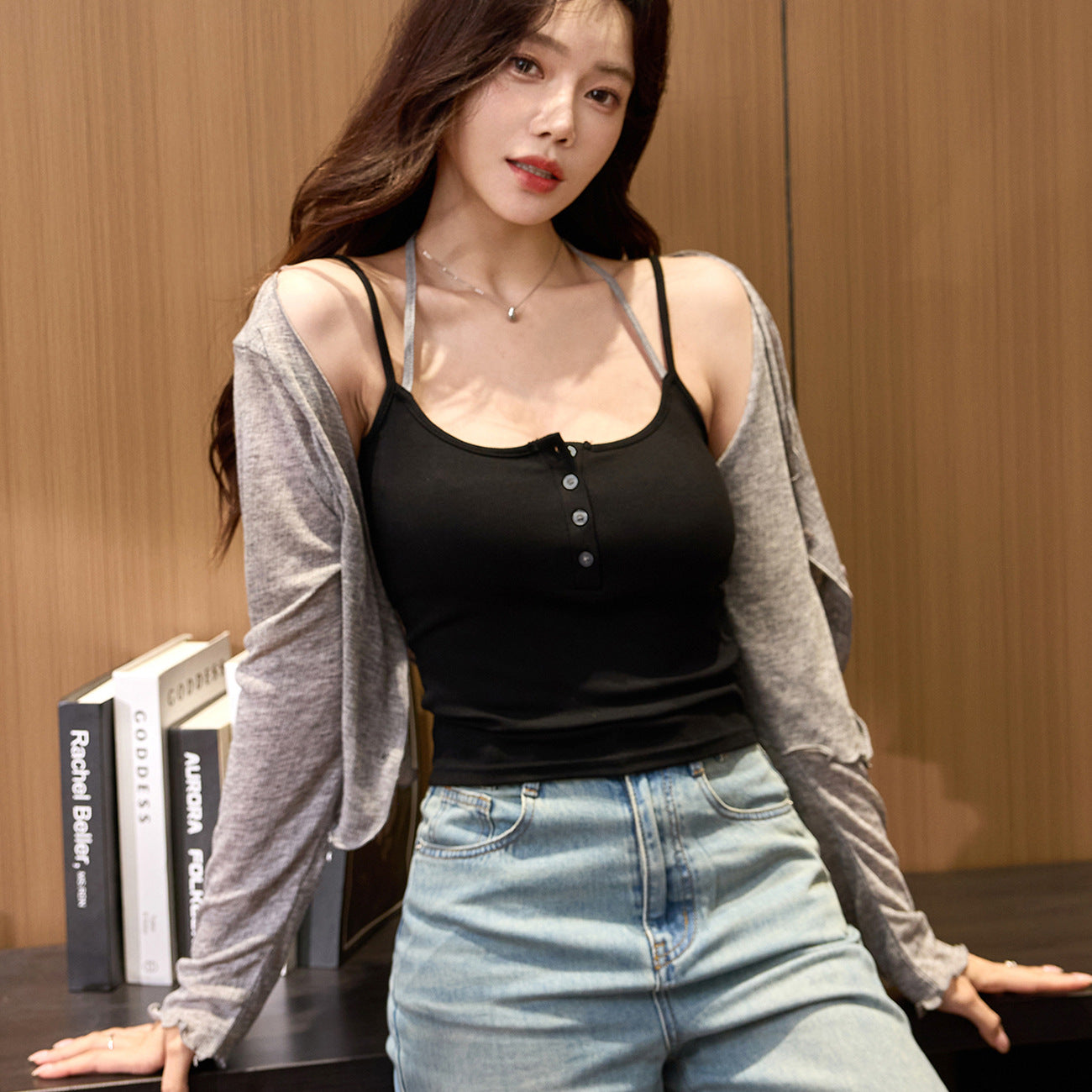 #High elastic pure cotton #Fake two-piece neck sling Spice Girl vest women's summer new sexy outer wear with bottom top