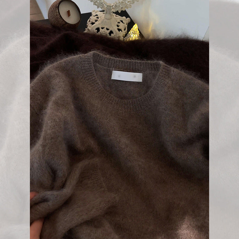 Maillard brown soft waxy mohair crew neck pullover sweater women's autumn and winter outer wear milk fufu thickened knitted top