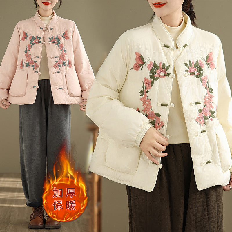 Real shot original winter 2025 new down cotton heavy industry embroidered stand-up collar cotton jacket women's light national style buckle jacket
