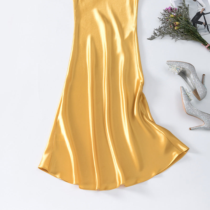 Haute couture new acetic acid satin suspender skirt U-neck long skirt gentle wind high sense acetic acid satin dress