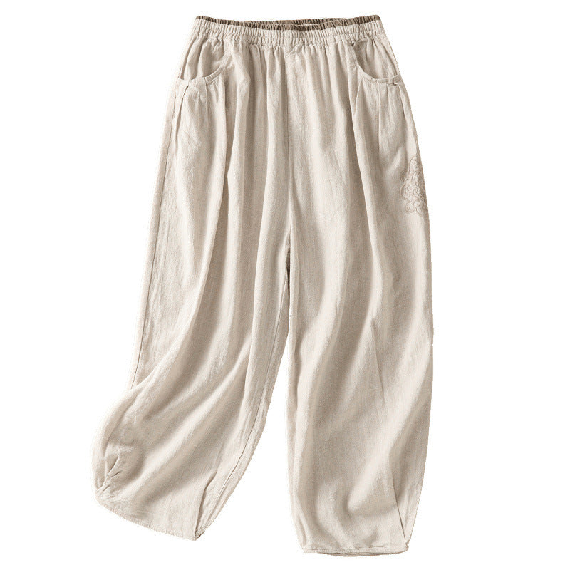 Real shot 2025 summer large size literary and retro cotton and linen embroidered bloomers color matching elastic waist loose Harlan pants