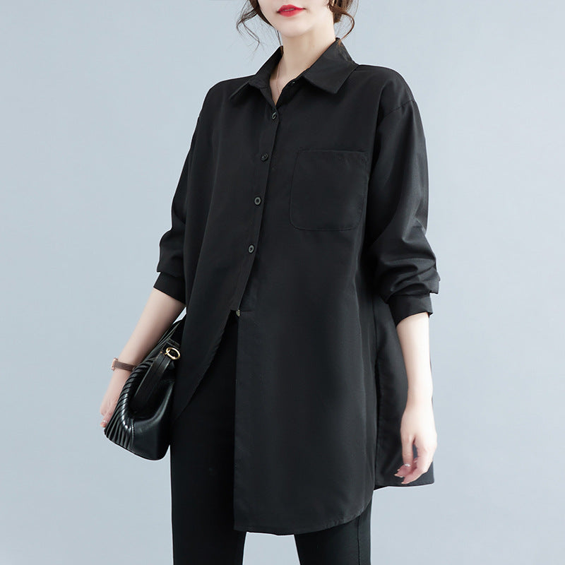 Spring 2025 new loose long-sleeved shirt women's medium and long asymmetrical shirt black top