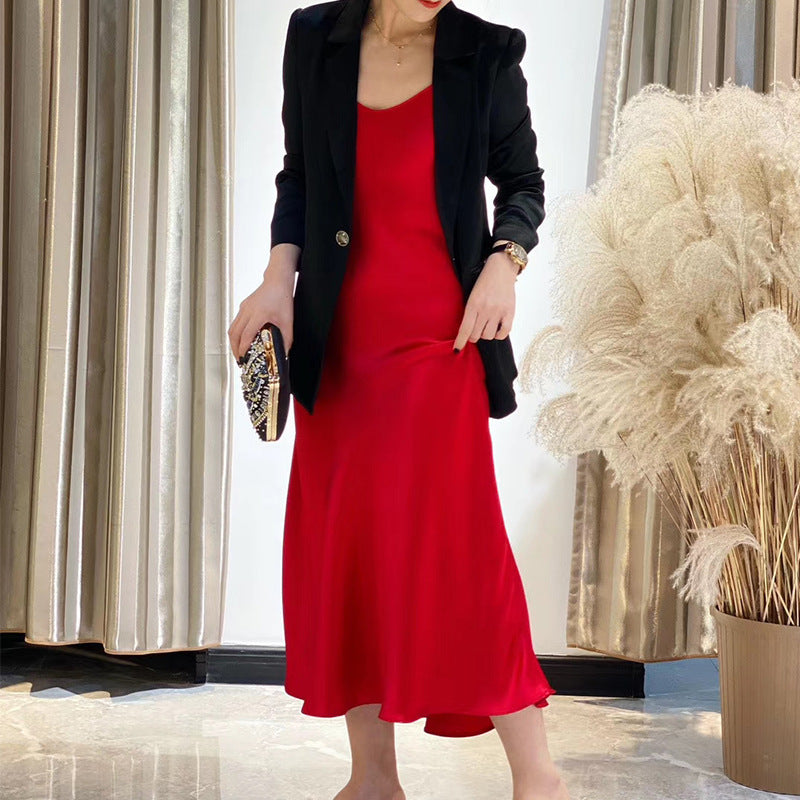 2025 spring and summer explosion acetic acid dress satin thin versatile Internet celebrity suspender skirt Douyin suit long dress