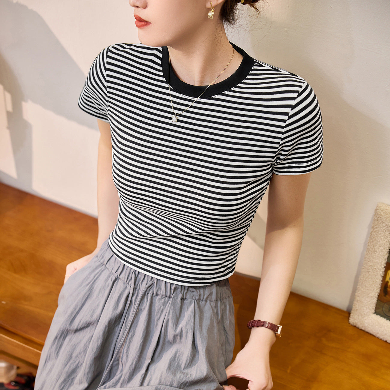 #260G combed cotton #striped T-shirt women's 2026 summer new high-waisted short contrasting color foreign style short-sleeved top
