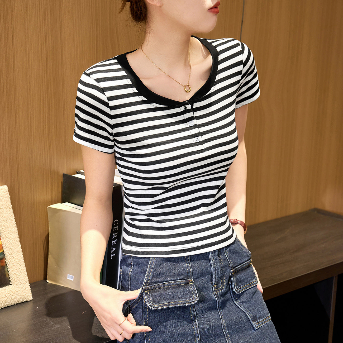 #Double button collar 260g striped #cotton T-shirt women's short-sleeved 2026 summer new front shoulder top bottoming shirt
