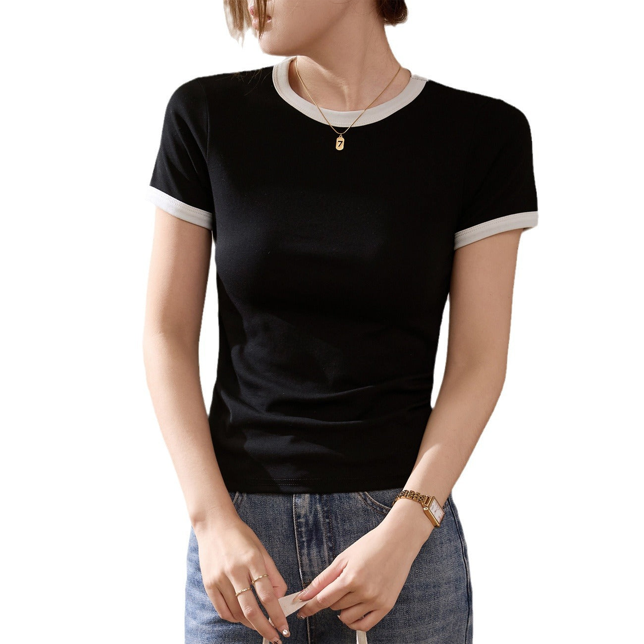 #Selection of pure cotton #Contrasting color retro casual T-shirt women's summer 2026 new slim-fitting versatile short-sleeved top bottoming shirt