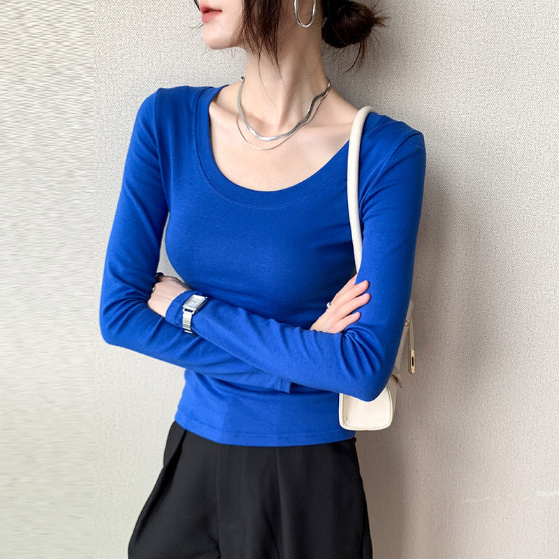 230G pure cotton long-sleeved women's T-shirt front shoulder 2026 autumn clothes new slim-fitting and thin solid color large-size top bottoming shirt