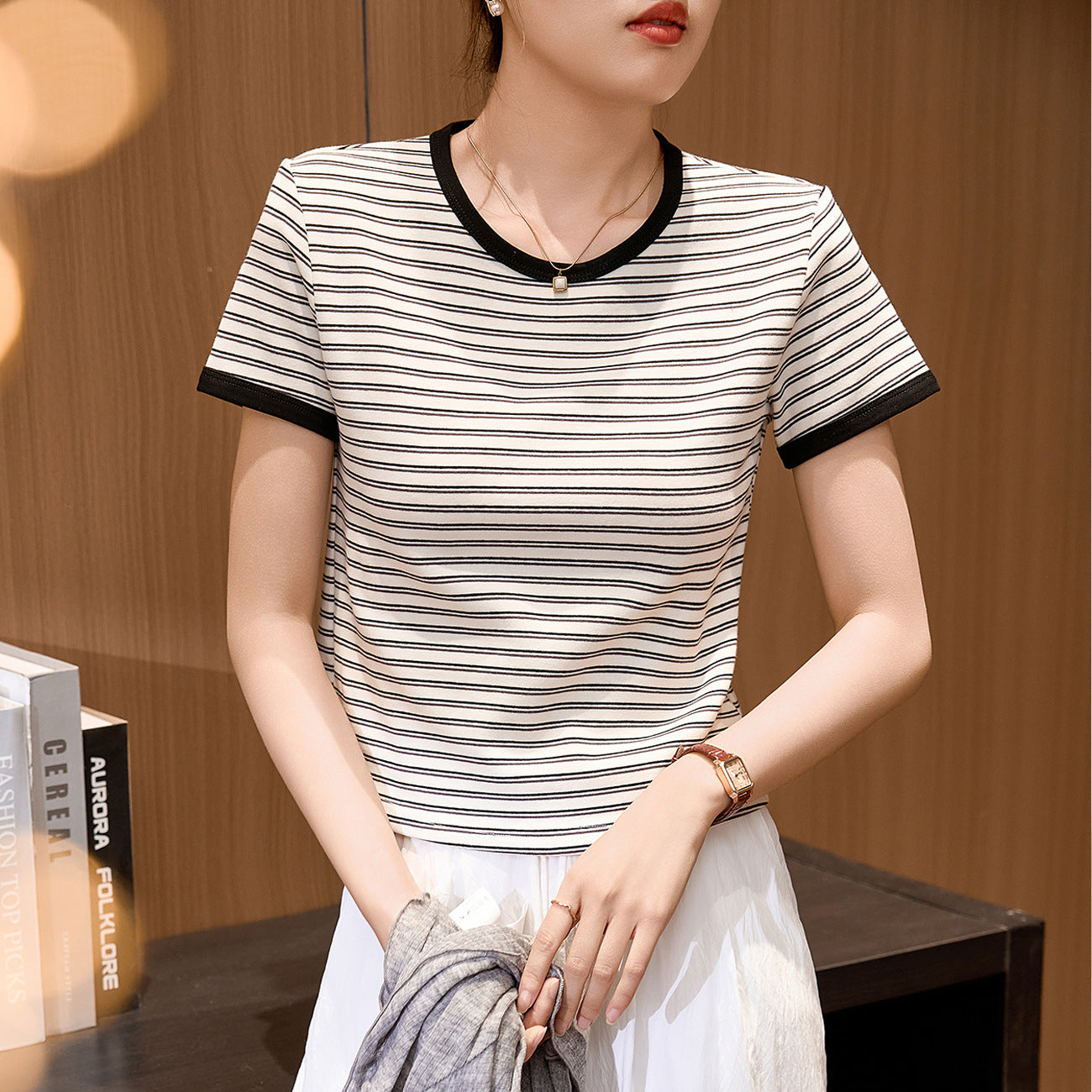 #Combed pure cotton #foreign style striped t-shirt women's short sleeve 2026 summer new color matching round neck simple versatile top