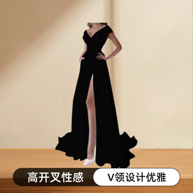 2025 spring and summer cross-border chest wrap V-neck ruffle edge mid-waist solid color temperament commuter dress evening dress