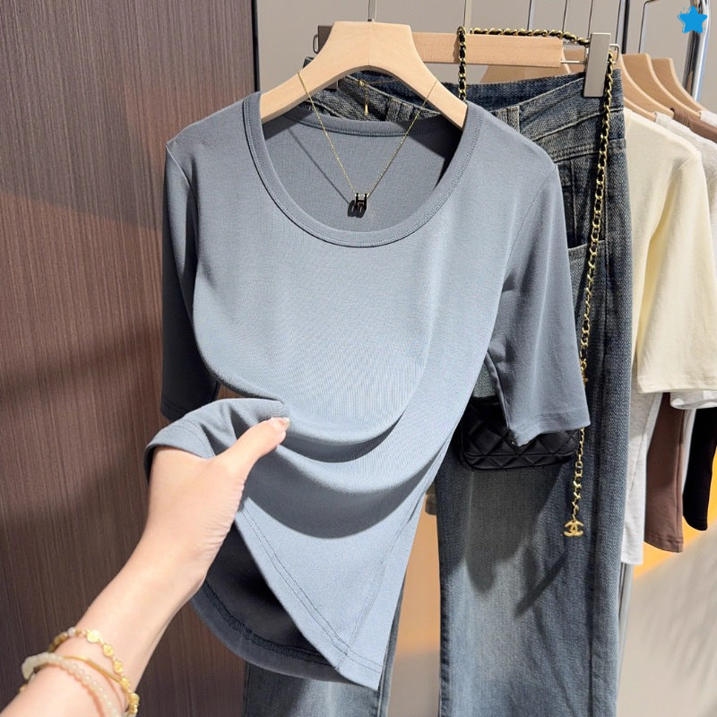 Gray-blue Korean five-quarter-sleeved bottoming shirt T-shirt women's spring versatile half-sleeved U-neck medium-sleeved front shoulder top small shirt