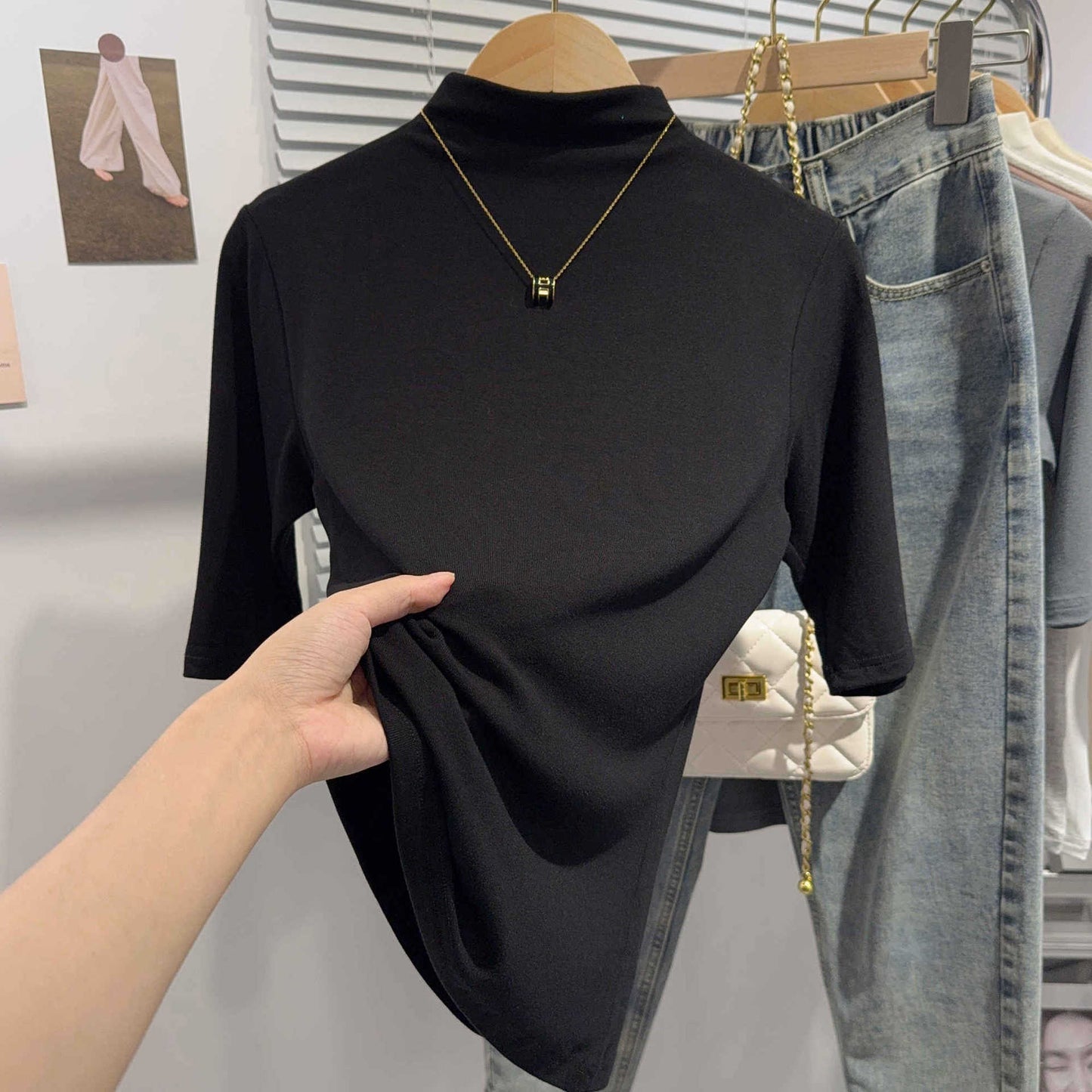 Medium-sleeved threaded bottoming shirt women's semi-turtleneck slim-fitting inner 2025 new five-quarter-sleeved spring and summer foreign-style versatile top