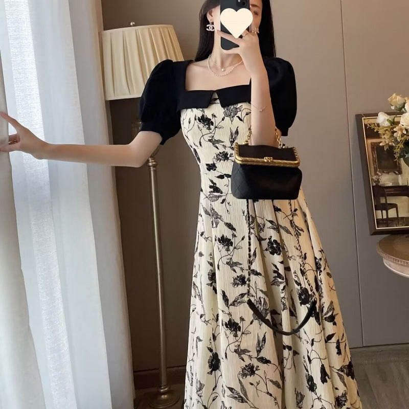 New pure desire French design sense thin splicing floral dress women's summer square neck bubble sleeve a-word dress