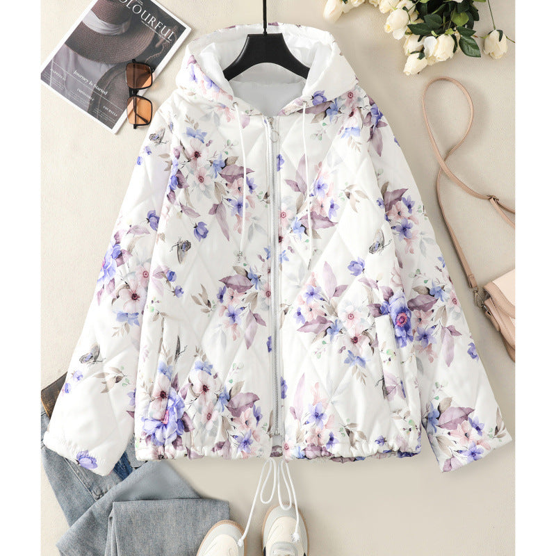 Real shot 2025 winter new hooded cotton clothes women's printing design white coat to keep warm