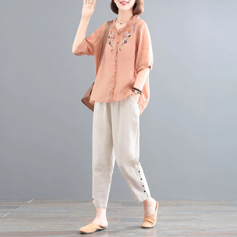 In the summer of 2025, the new Korean version of cotton and linen large-size meat-covering embroidered top + pants/two-piece suit for women