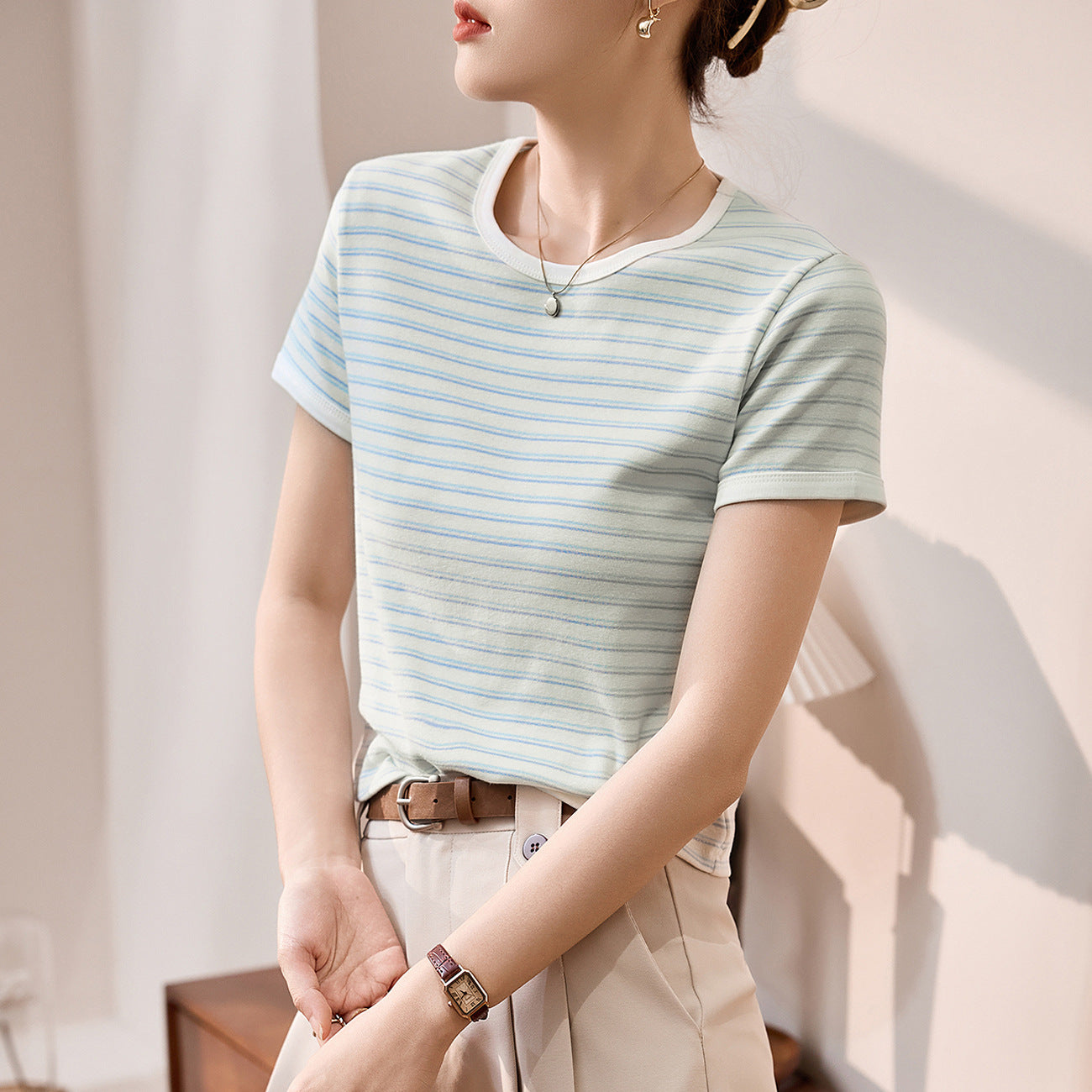 #Combed pure cotton #foreign style striped t-shirt women's short sleeve 2026 summer new color matching round neck simple versatile top