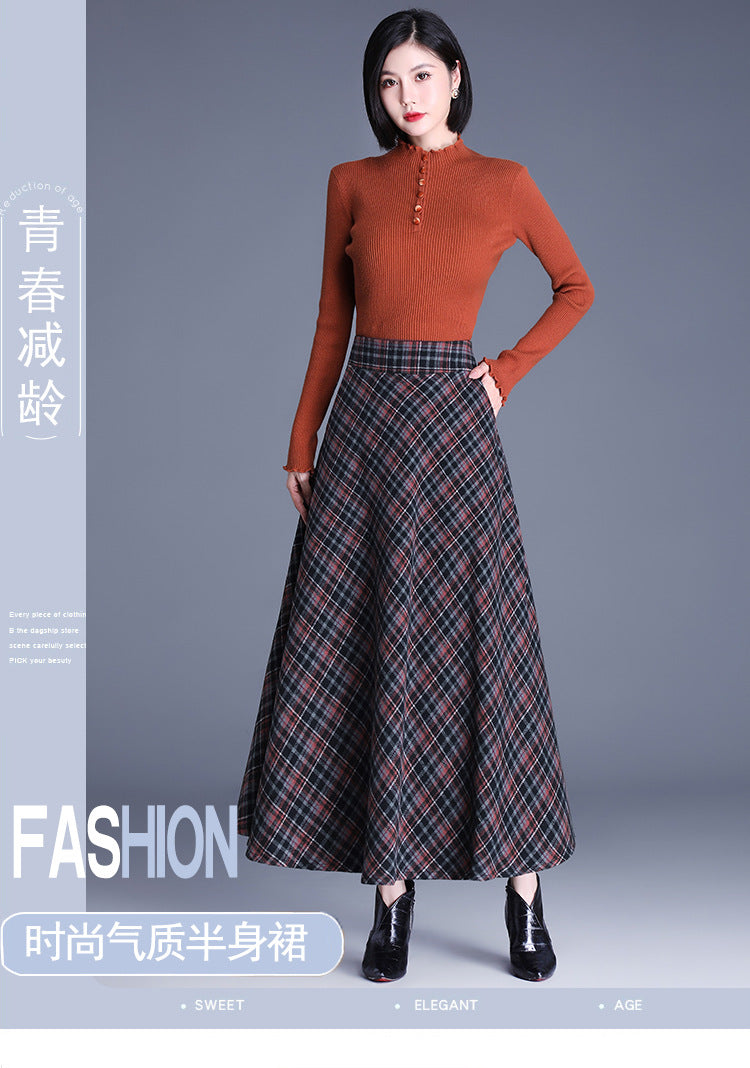 2025 medium and long woolen plaid skirt autumn and winter Korean version thin pleated skirt thickened woolen swinging A-shaped skirt