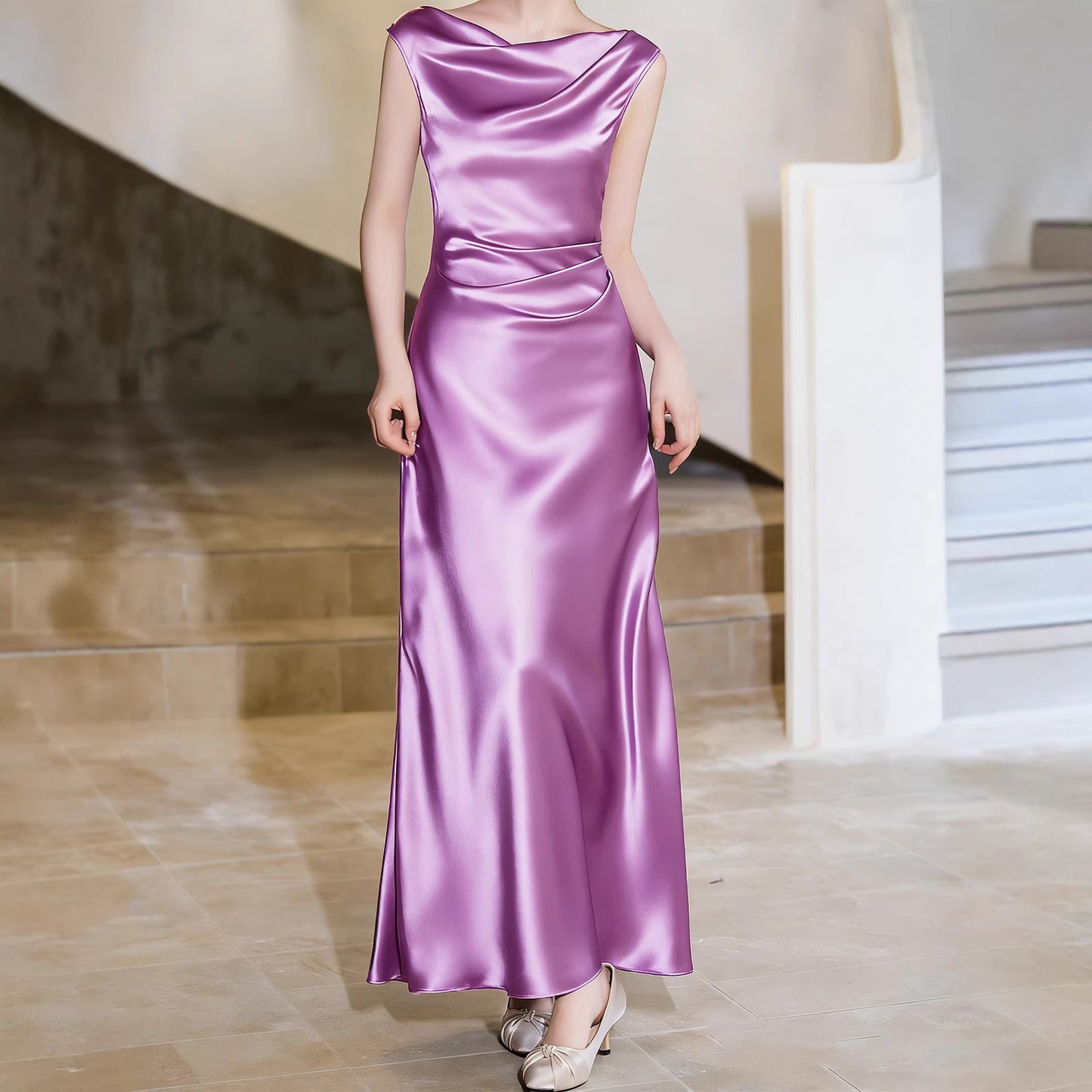 Haute couture French swing collar high sense design sense satin acetate seaside vacation wedding party dress dress women