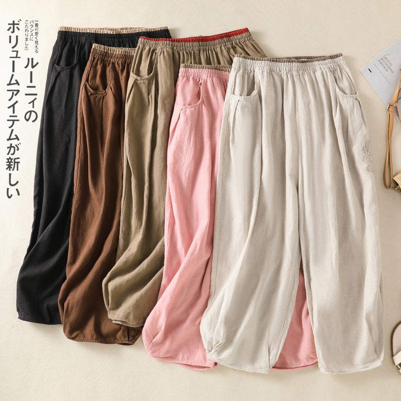 Real shot 2025 summer large size literary and retro cotton and linen embroidered bloomers color matching elastic waist loose Harlan pants