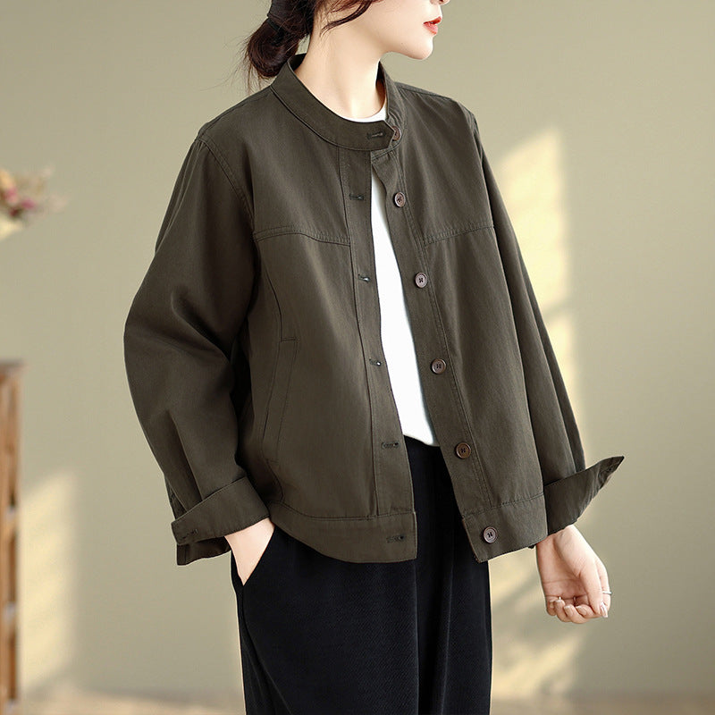 Real shot 2025 autumn and winter new small short stand-up collar loose tooling jacket top coat women