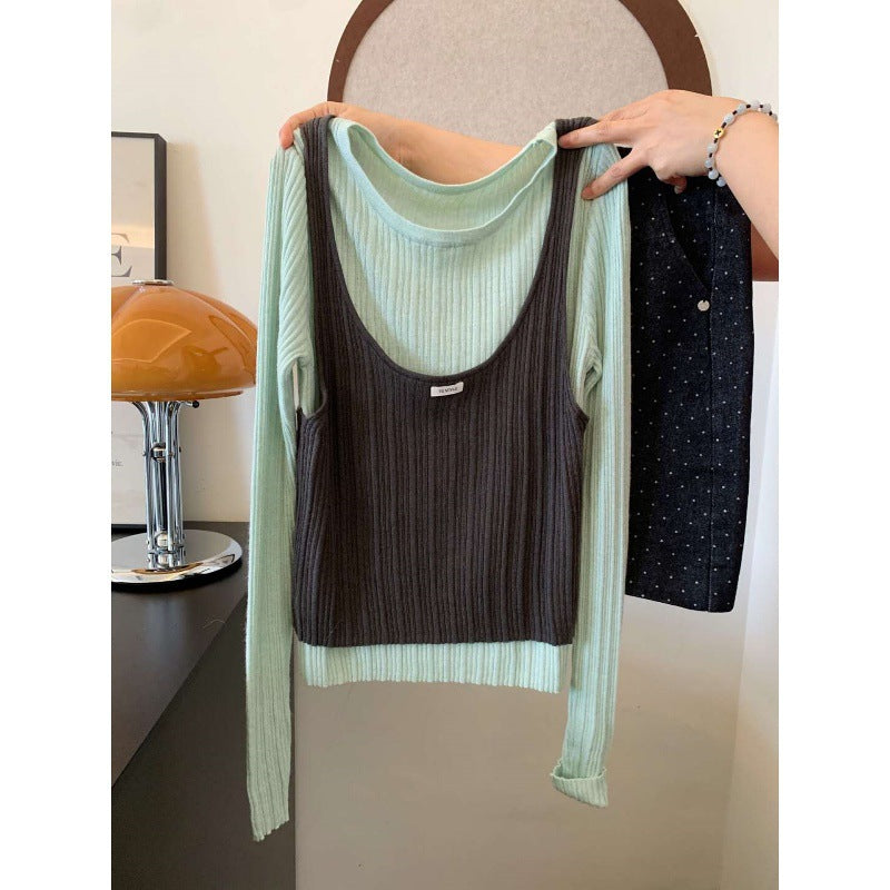 Mint makes perfect~ Korean style contrasting colors fake two-piece knitted sweater women's autumn 2025 new design chic top