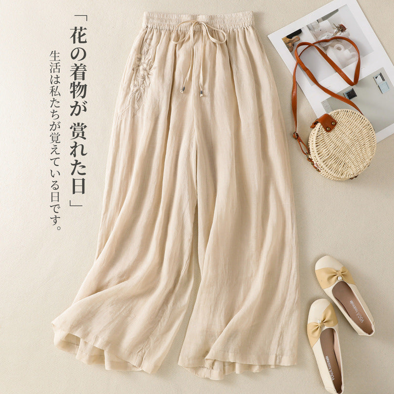 Real shot double-layer wide-leg pants women's 2025 summer new elastic waist loose lace-up casual elegant trousers skirt pants trousers trousers