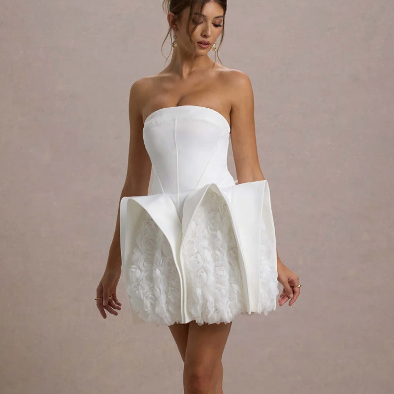 New Amazon sexy white bandeau dress short skirt European and American style women's hem decoration U-shaped flower dress