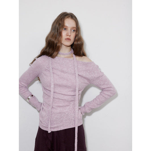 [IN JOMI] Original design velvet floral yarn split pleated slanted shoulder streamer knitted T-shirt women