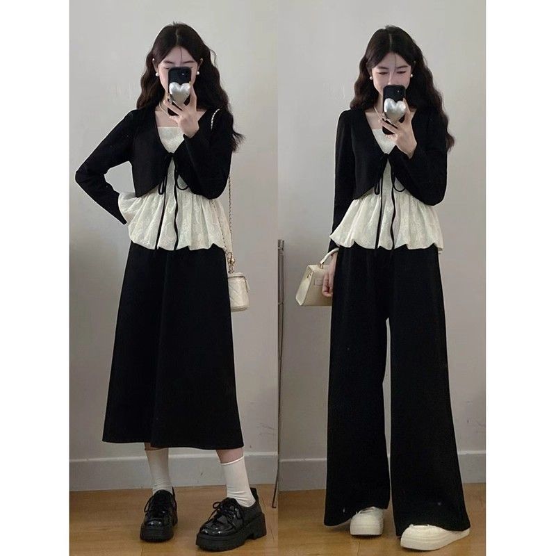 Fat MM plus-size new temperament gentle wind lace spliced strappy top + high-waisted flesh-covering skirt two-piece set