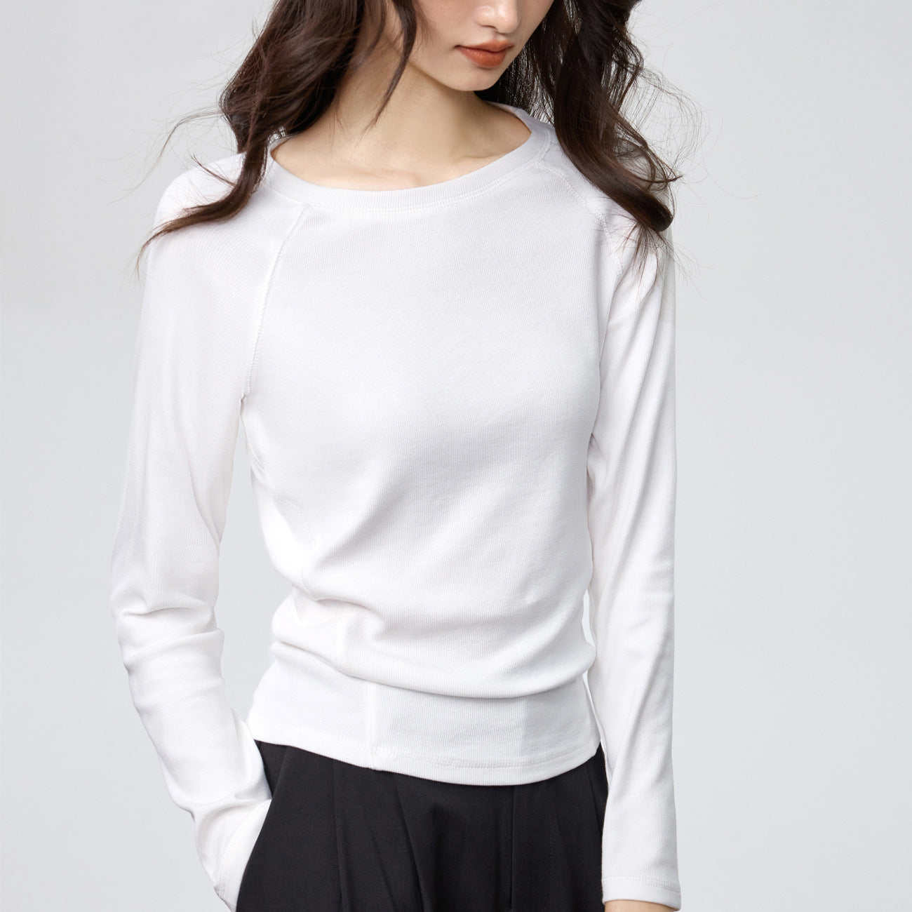 260G Youke silk, flower needle thread, seven pieces splicing heavy craftsmanship long-sleeved T-shirt women's simple solid color bottoming shirt top