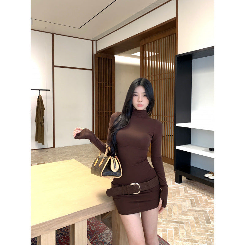 Red semi-turtleneck long-sleeved dress women's autumn and winter inner bottom skirt elastic slim waist skirt hip-wrapped short skirt