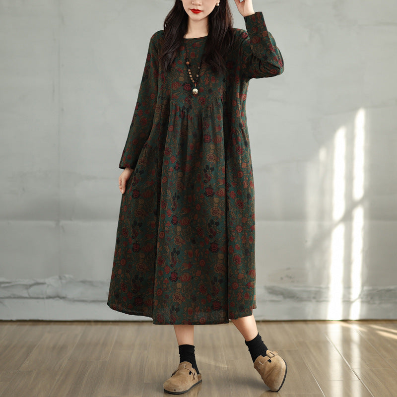 The real shot is the new cotton and linen printed long-sleeved dress in the spring of 2025. Women's loose large-size thin splicing A-shaped skirt