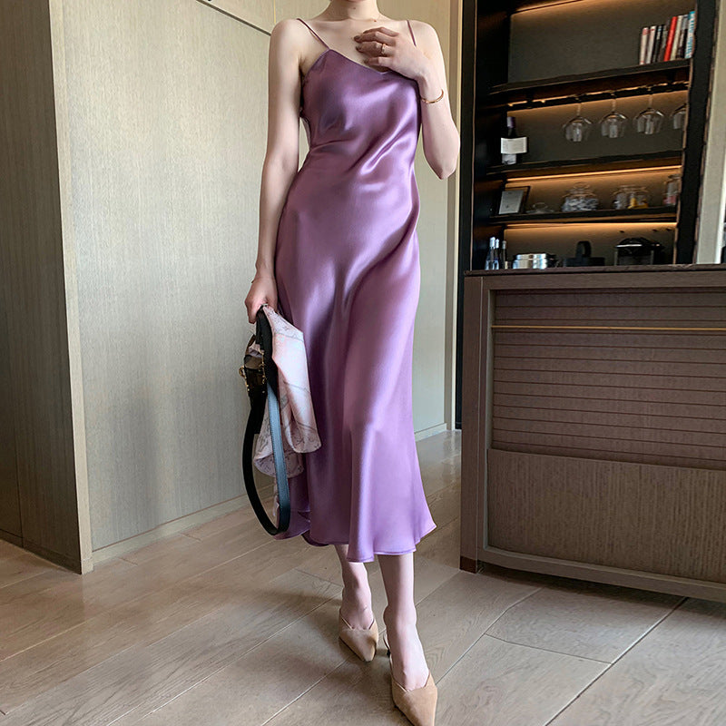 2025 spring and summer explosion acetic acid dress satin thin versatile Internet celebrity suspender skirt Douyin suit long dress