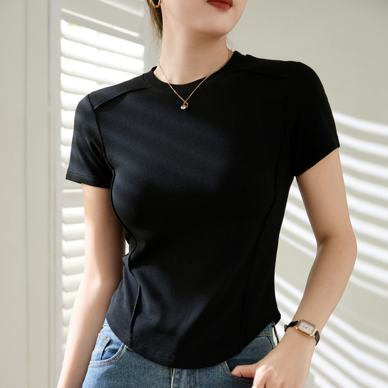 [Use good materials] Three-dimensional line design sense high elastic threaded cotton T-shirt women's summer new short-sleeved top bottoming shirt